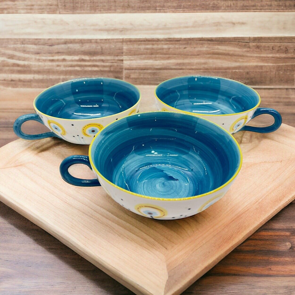 Anthropologie Modern Floral Teacup - Flowers Teal Blue Yellow - Set Of 3
