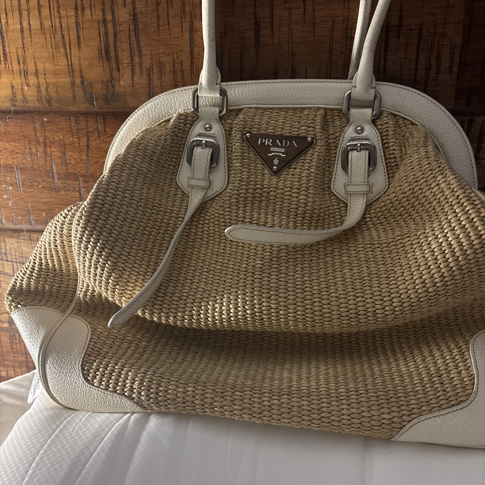 PRADA Large Basket Bag Model Straw Raffia Tote Bag with White Leather accents 