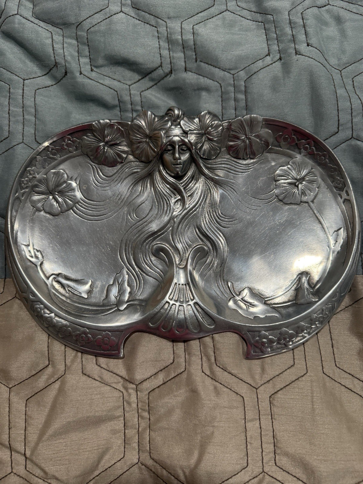 Fabulous Antique Art Nouveau Lady Floral Pewter tone Tray