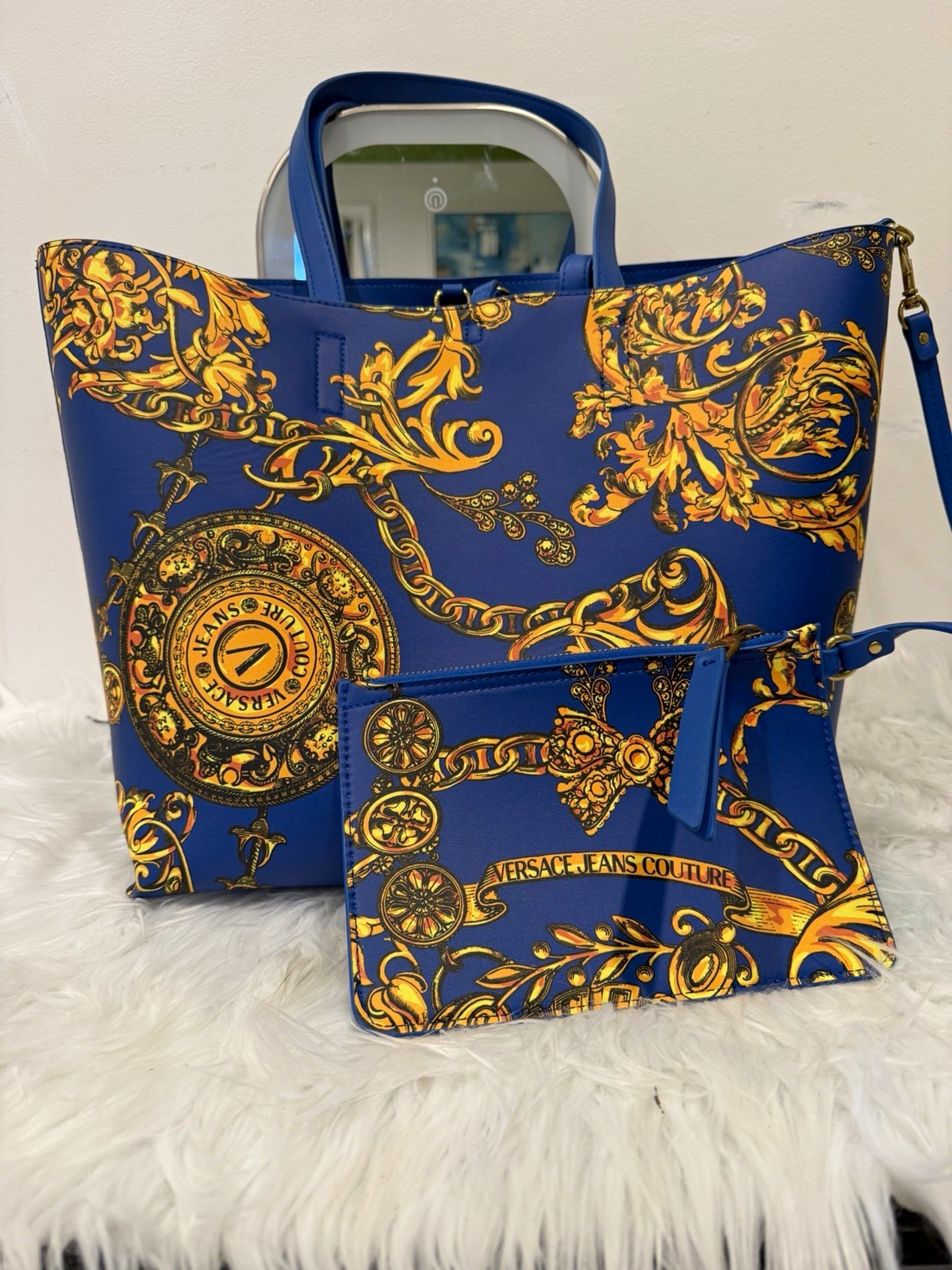 Versace Jeans Couture Blue/Gold Baroque Faux Leather Zip Tote w/ Pouch