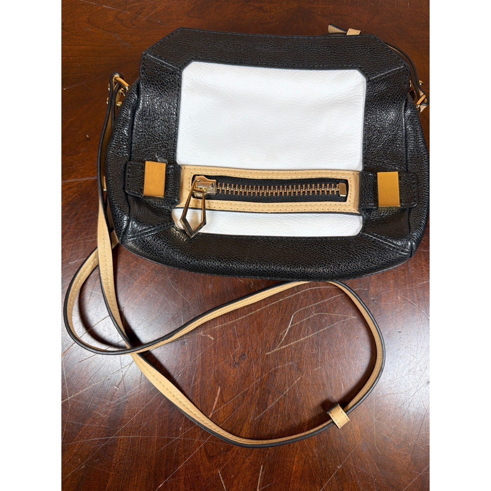 Botkier New York Colorblock Pebbled Leather Crossbody Bag Black White Tan Gold