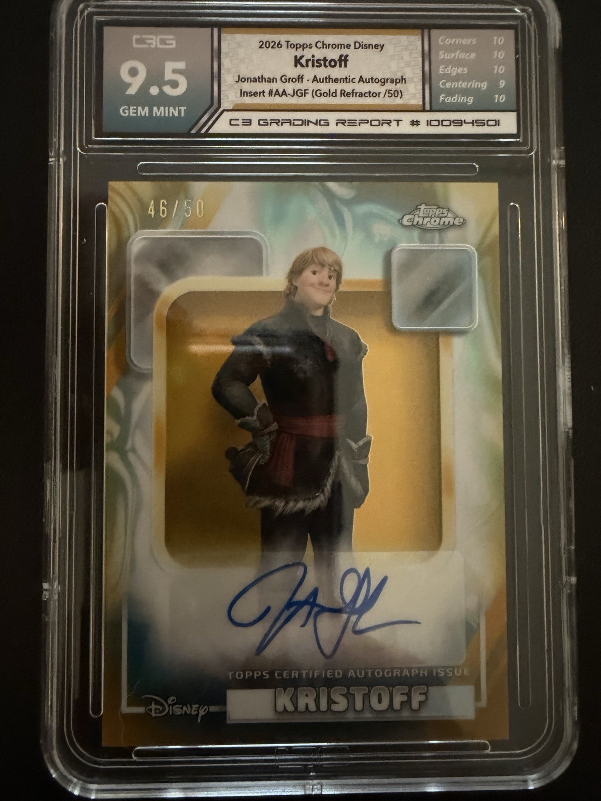 2026 Topps Chrome Disney Gold #AA-JGF Jonathan Groff Kristoff Auto /50 C3G 9.5