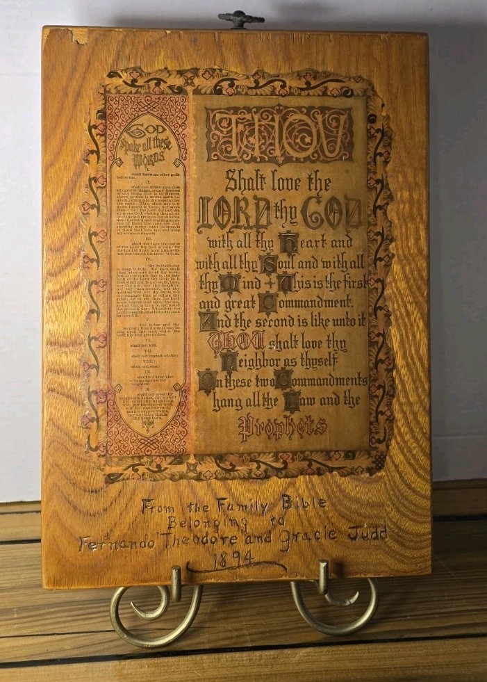 Antique 1894 Religious Lithograph Wood Plaque Ten Commandments Judd Family Bible