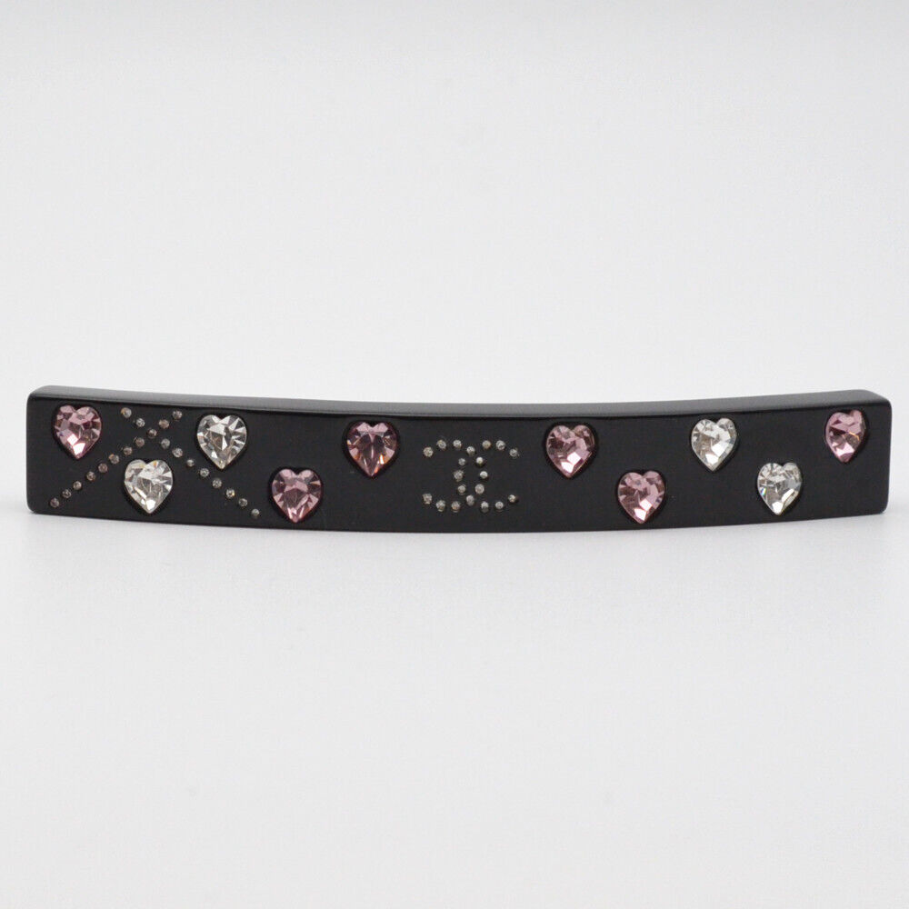 Chanel 04A Rhinestone Barrette Black/Pink Heart Made In France Hair Accessories 
