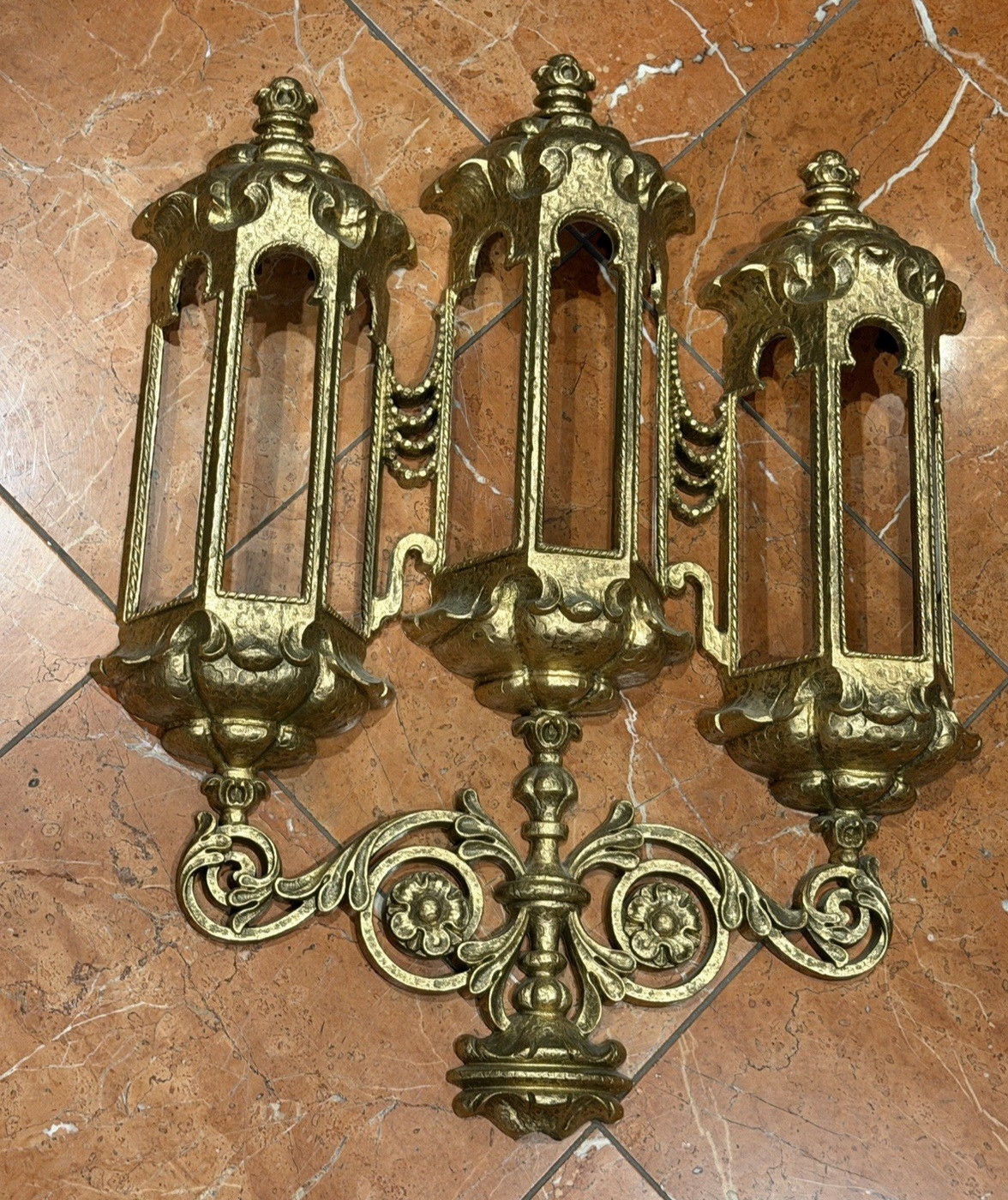 BURWOOD GOTHIC TRIPLE LANTERN ANTIQUE GOLD 366 WALL POCKET 23