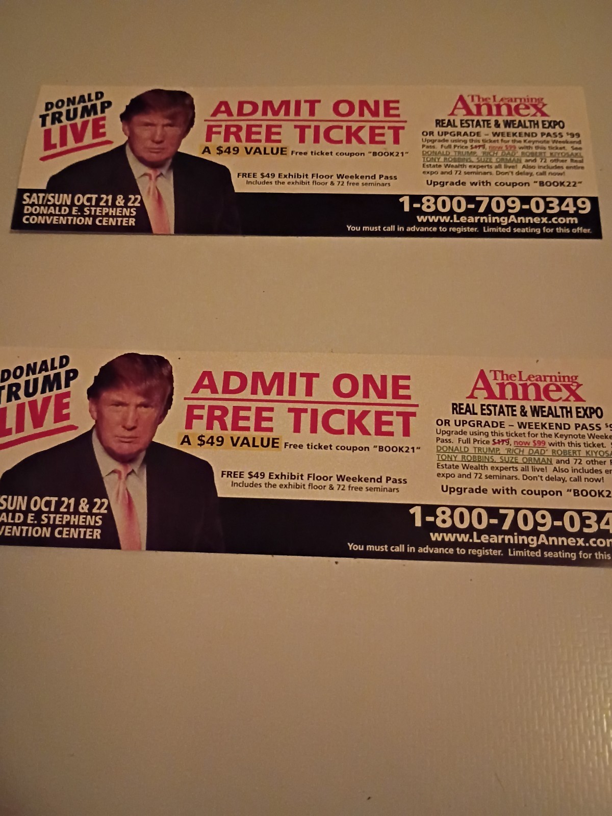 DONALD TRUMP LIVE- THE LEARNING ANNEX REAL ESTATE WEALTH EXPO TICKETS 2 Tickets