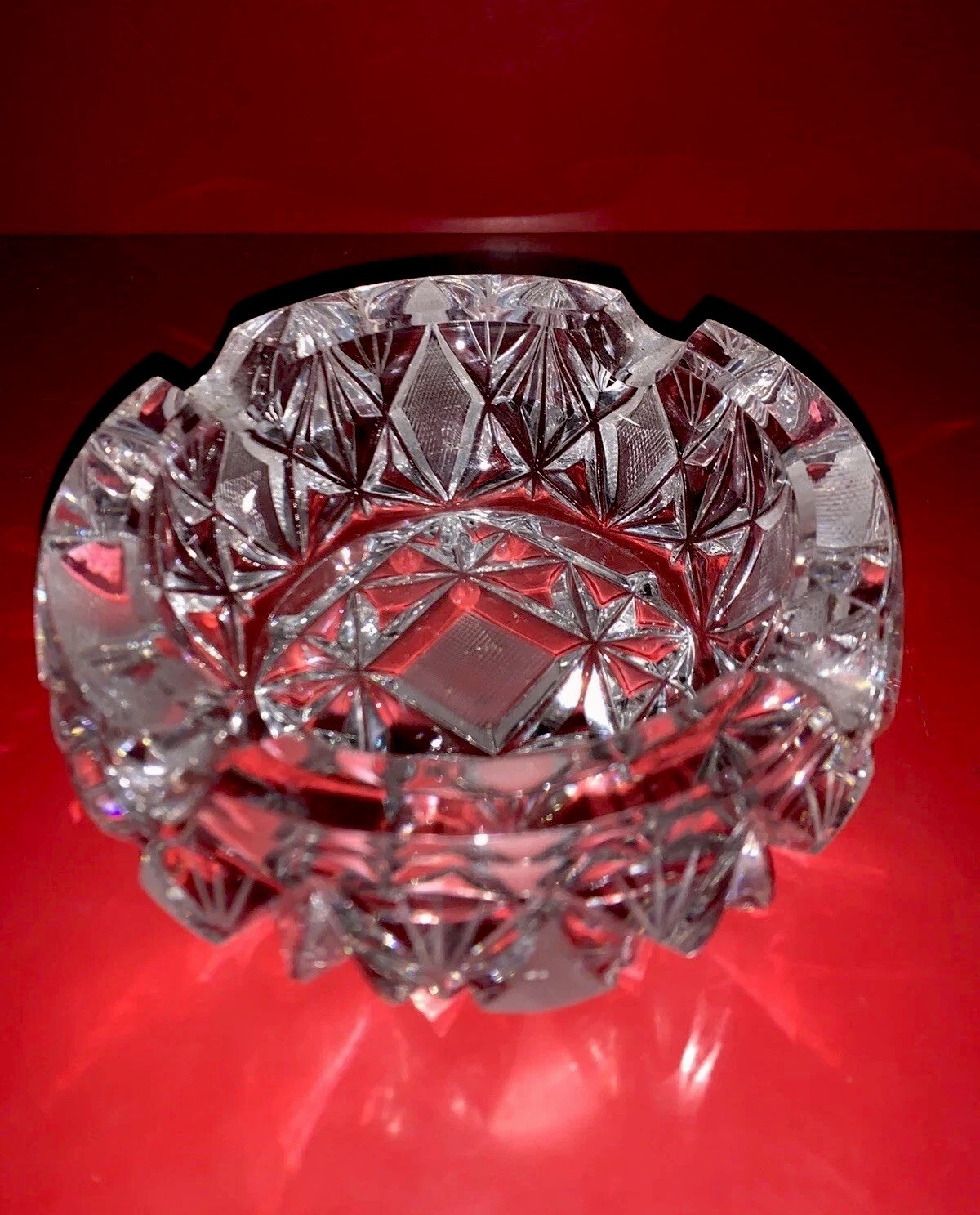 Large Deeply Cut & Etched Vintage Crystal Ashtray Heavy