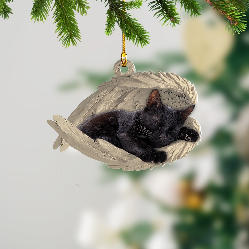 Personalize Black Cat Angel Wings Ornament, Black Cat Sleeping Ornament Lover