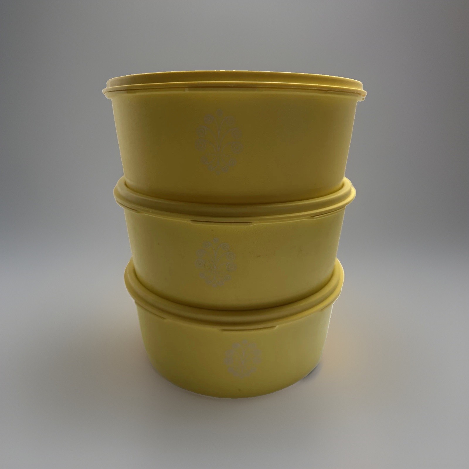 Vintage Tupperware Yellow Servalier 1204-13Base & Lid Storage Canisters Lot of 3