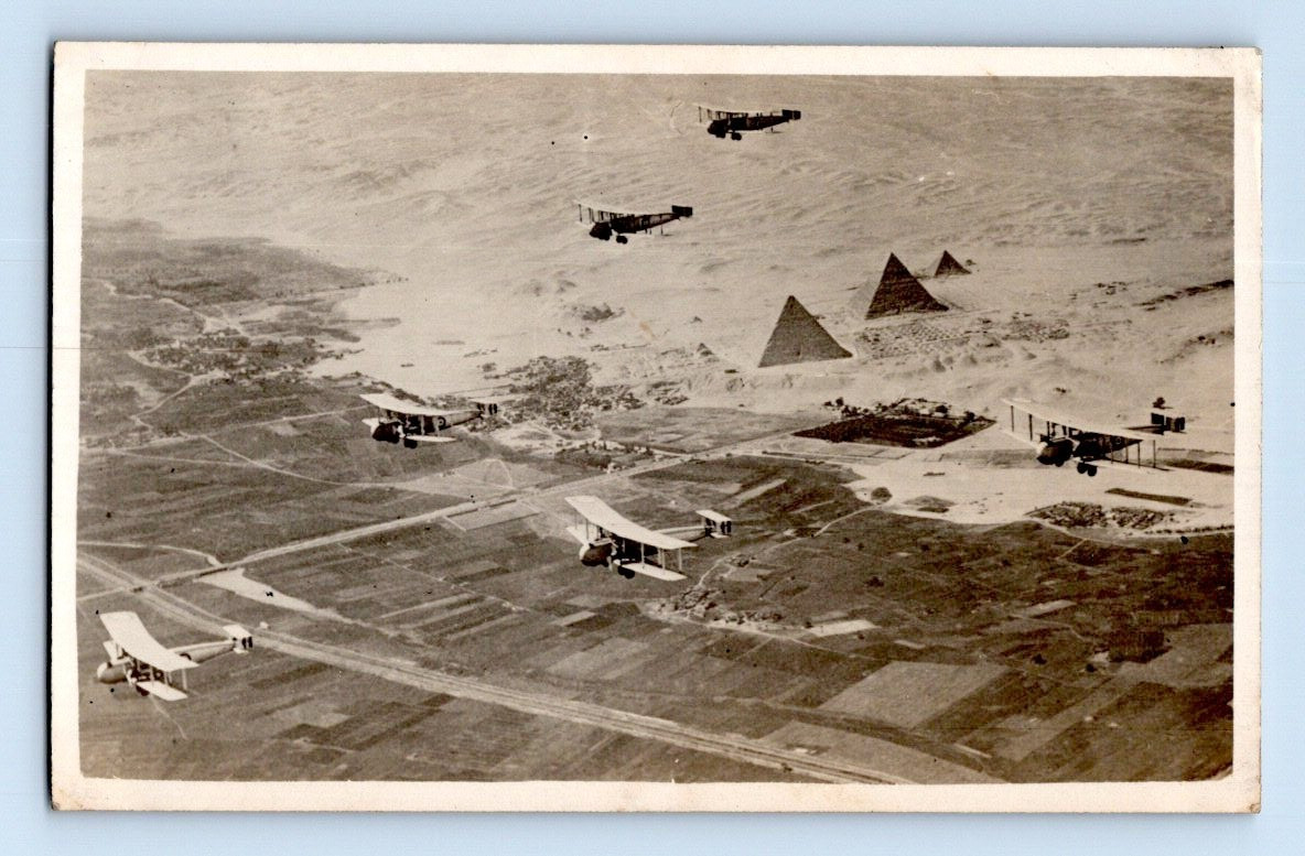 RPPC 1918. WWI FIGHTER PLANES FLYING OVER EGYPT. PYRAMIDS. RARE VIEW POSTCARD RPPC 1918. WWI FIGHTER PLANES FLYING OVER EGYPT. PYRAMIDS. RARE VIEW POSTCARD