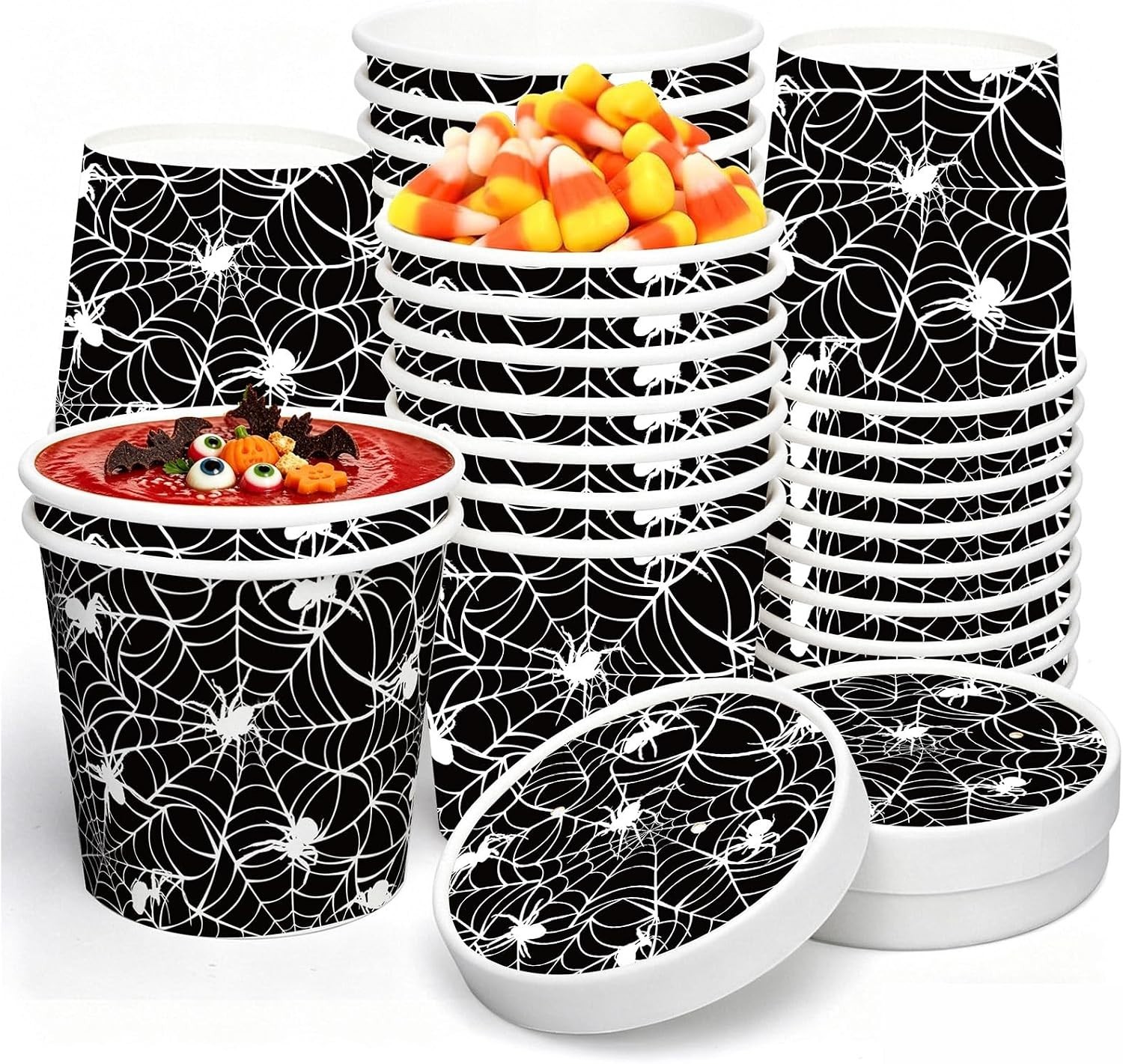 50Pcs Halloween Paper Soup Container with Lids 12Oz Black Spider Web Paper Food