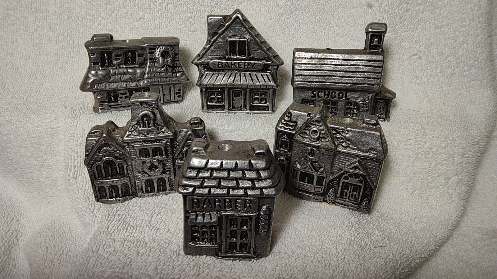 Set of 6 Vintage Carson Christmas Village Pewter Buildings Dual Sided