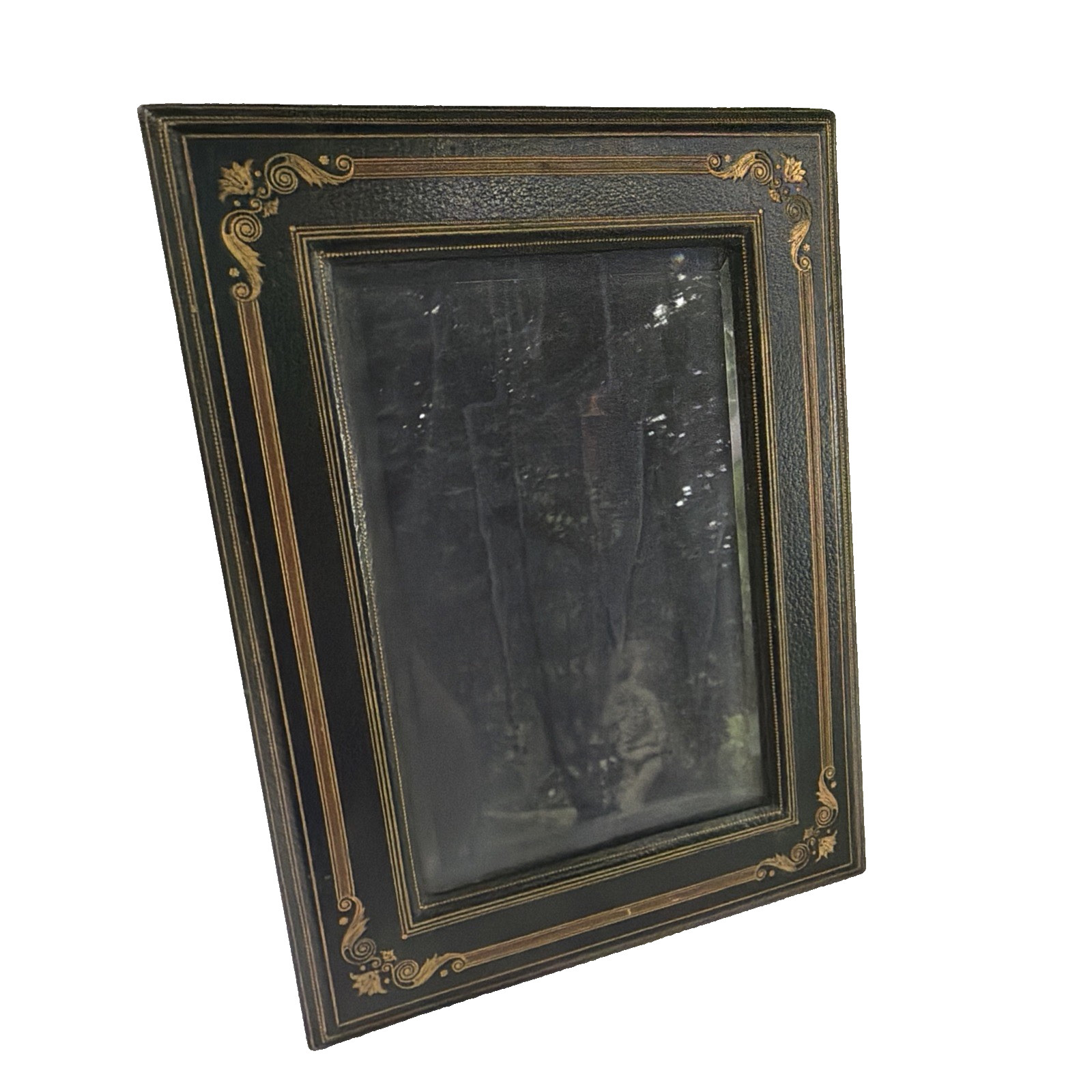 Antique Rich Green Leather Gold Embossed Maquet Picture Photo Frame France
