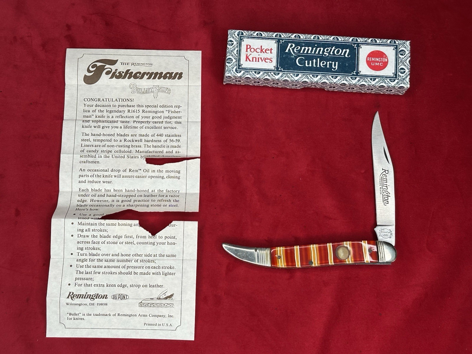VINTAGE CANDY STRIPE 1988 REMINGTON FISHERMAN BULLET POCKET KNIFE R1615