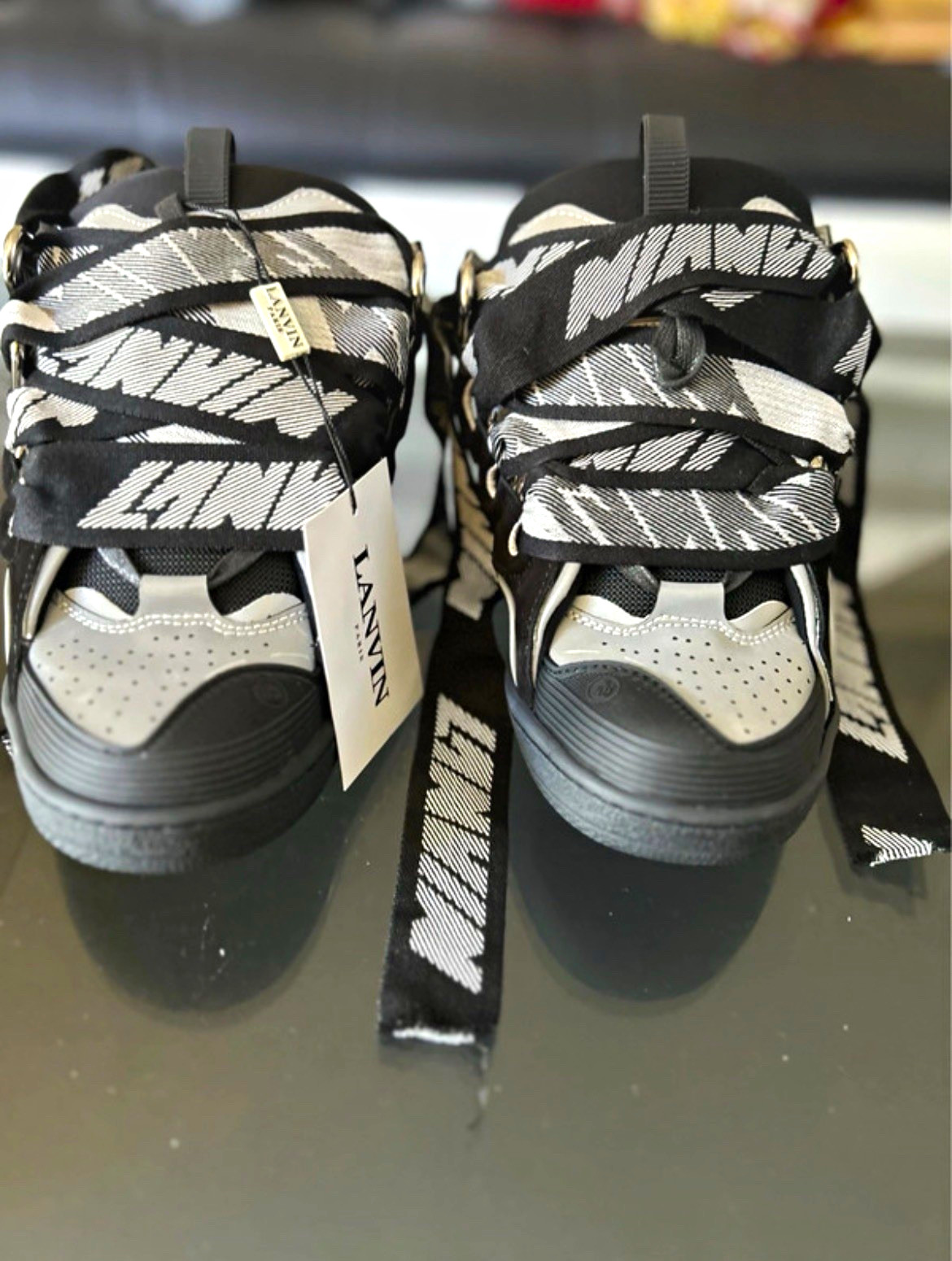 Lanvin Men's Low Top Logo Lace-Up Athletic Sneakers Black Gray White