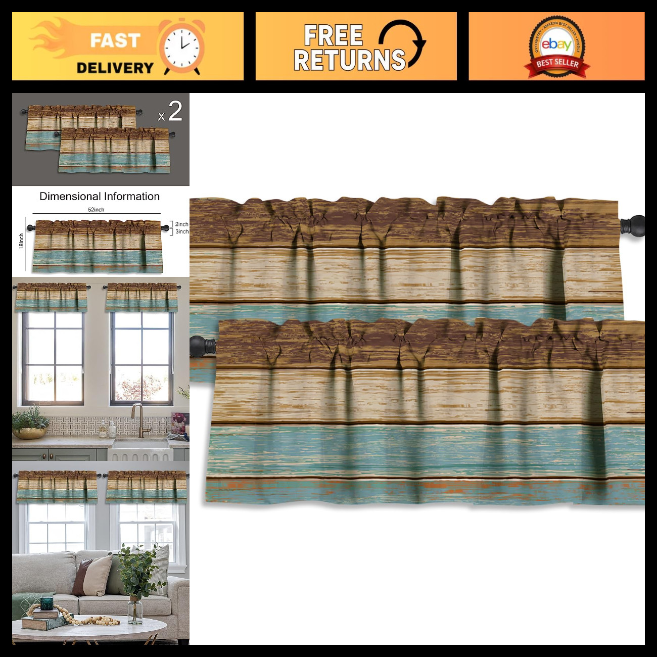 Rustic Wood Valances for Windows, 2 Pack, 52x18 Inch, Blackout