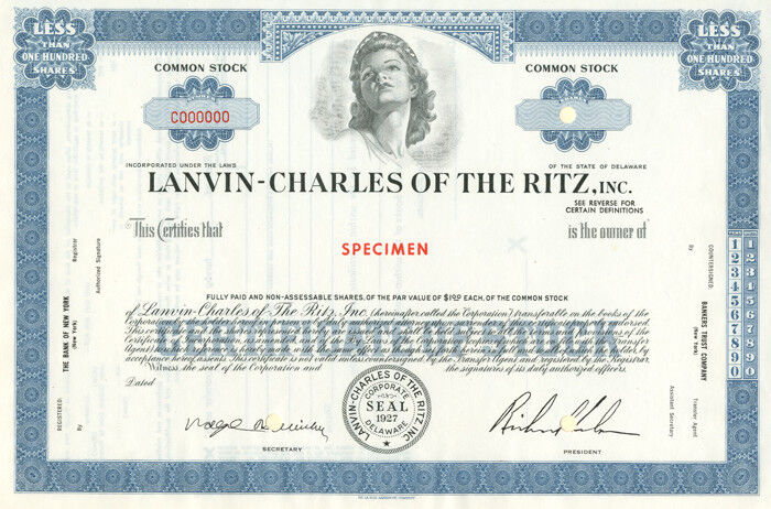 Lanvin-Charles of the Ritz, Inc - Specimen Stocks & Bonds