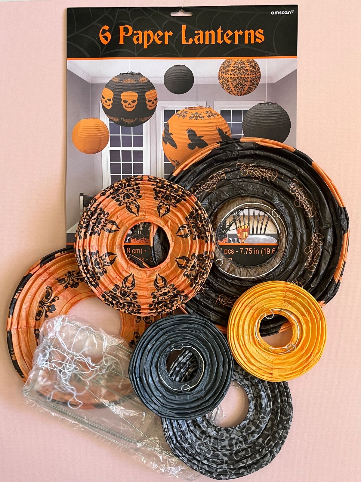 Vintage Amscan Unused Halloween Paper Lantern Set of 6 w/ Expanders Open Package