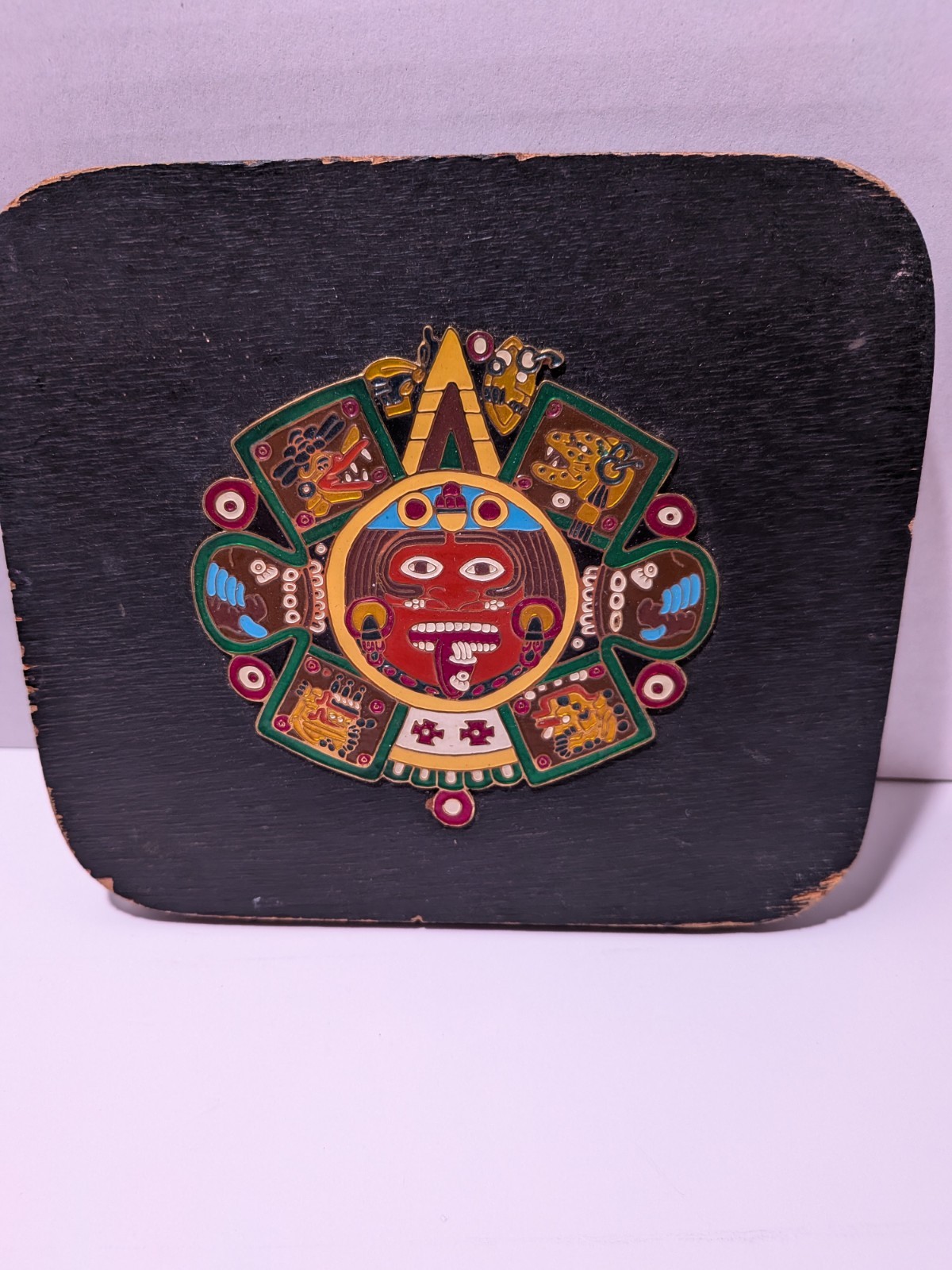 Vintage Enamel Hecho En Mexico Tonatuih Sun Wood Plaque