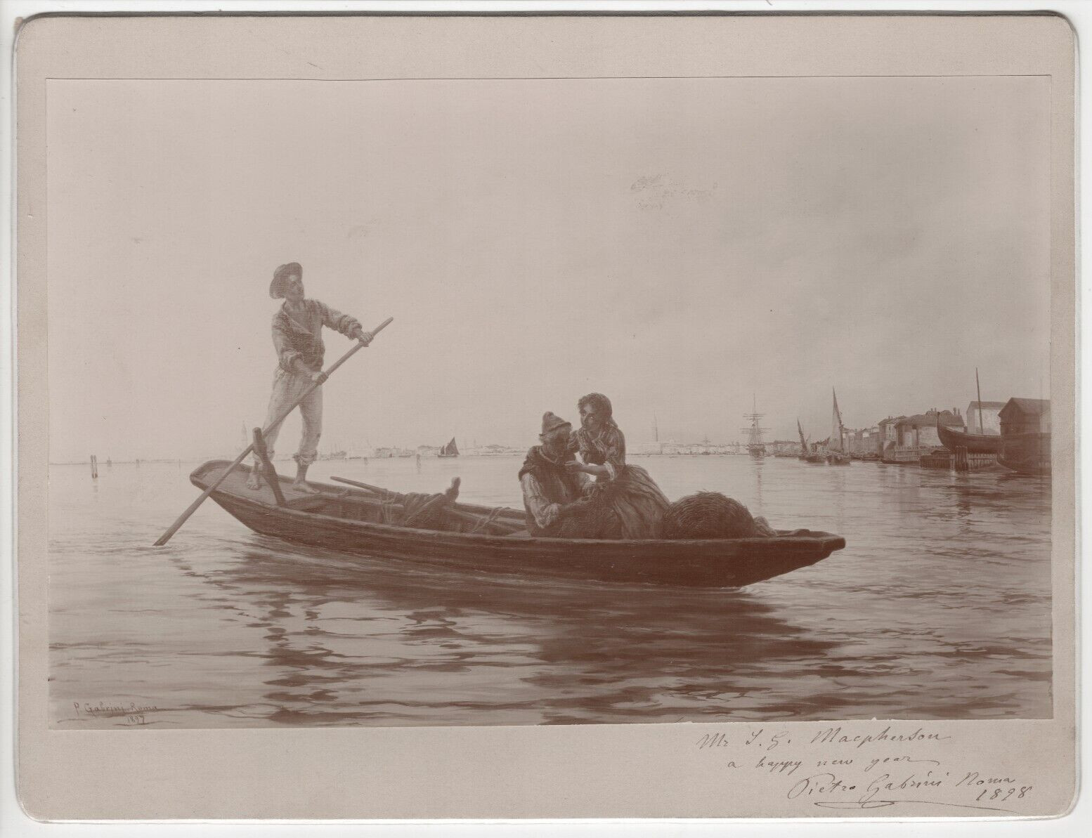 Rare Antique 1878 Pietro Gabrini Hand Signed Inscribed Venetian Gondola Photo