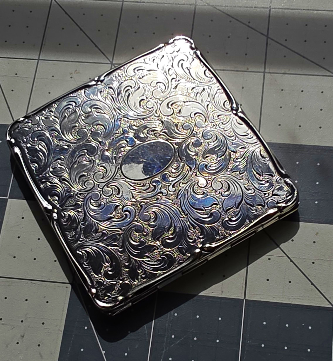 Vintage Square Silver-Tone Engraved Powder Makeup Compact with Mirror