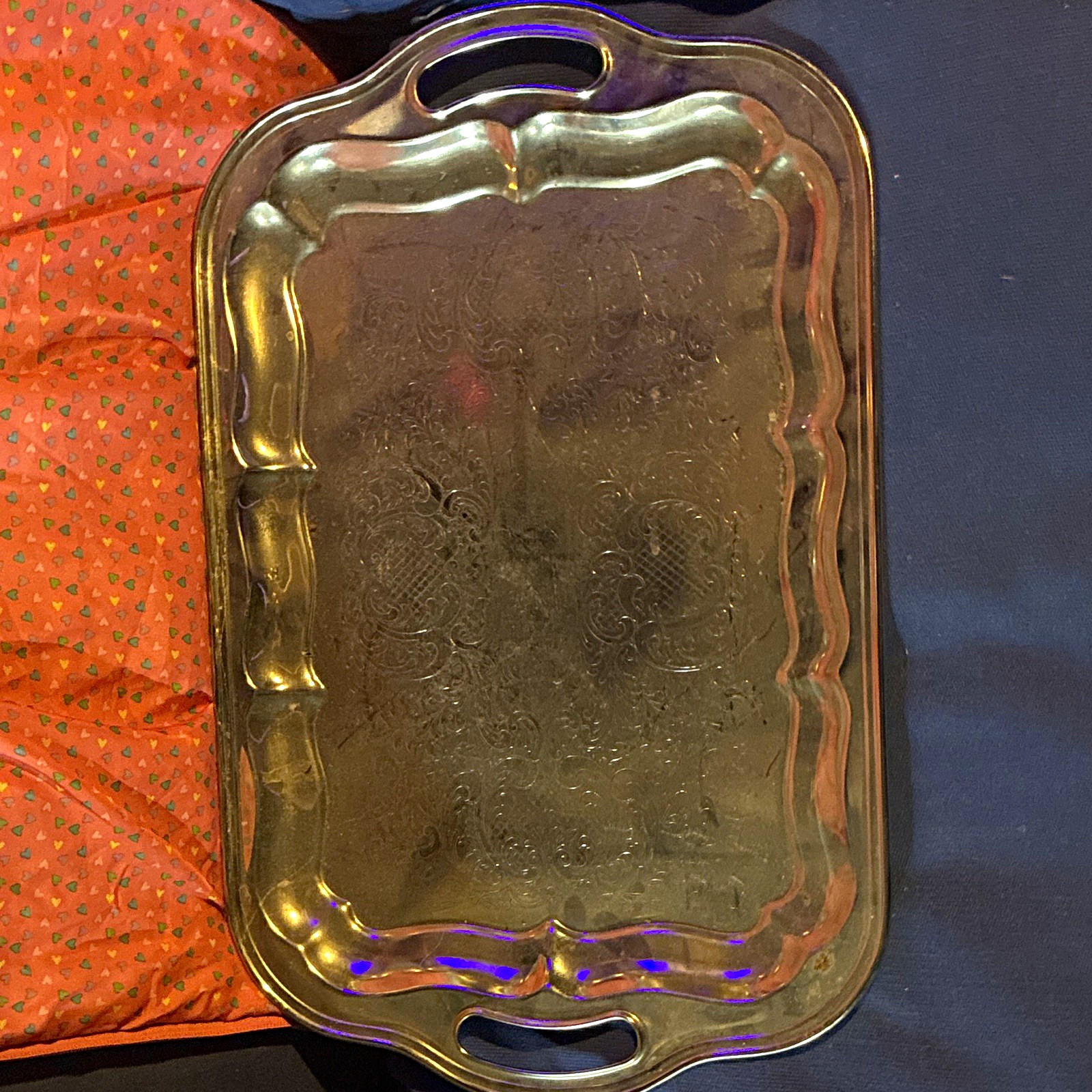 Vintage Irvinware Chrome Handled Serving Tray Rectangular Etched Floral USA