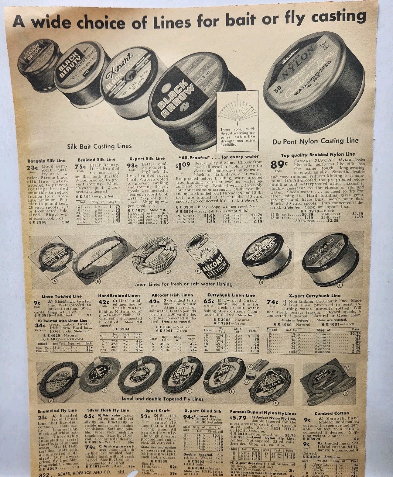 1943 Sears Roebuck Catalog Fishing Line Rods Reels Lures Original Print Ad 40s