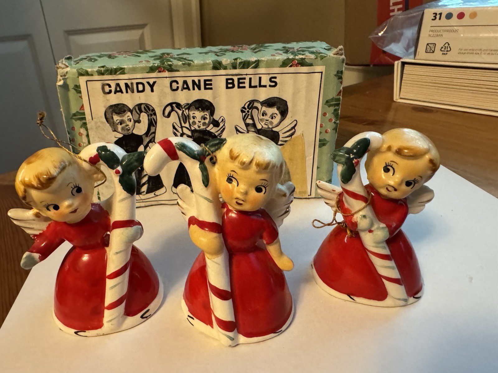 Vintage Napco? Wales? Japan Ceramic Christmas Angel Candy Cane Bells With Box