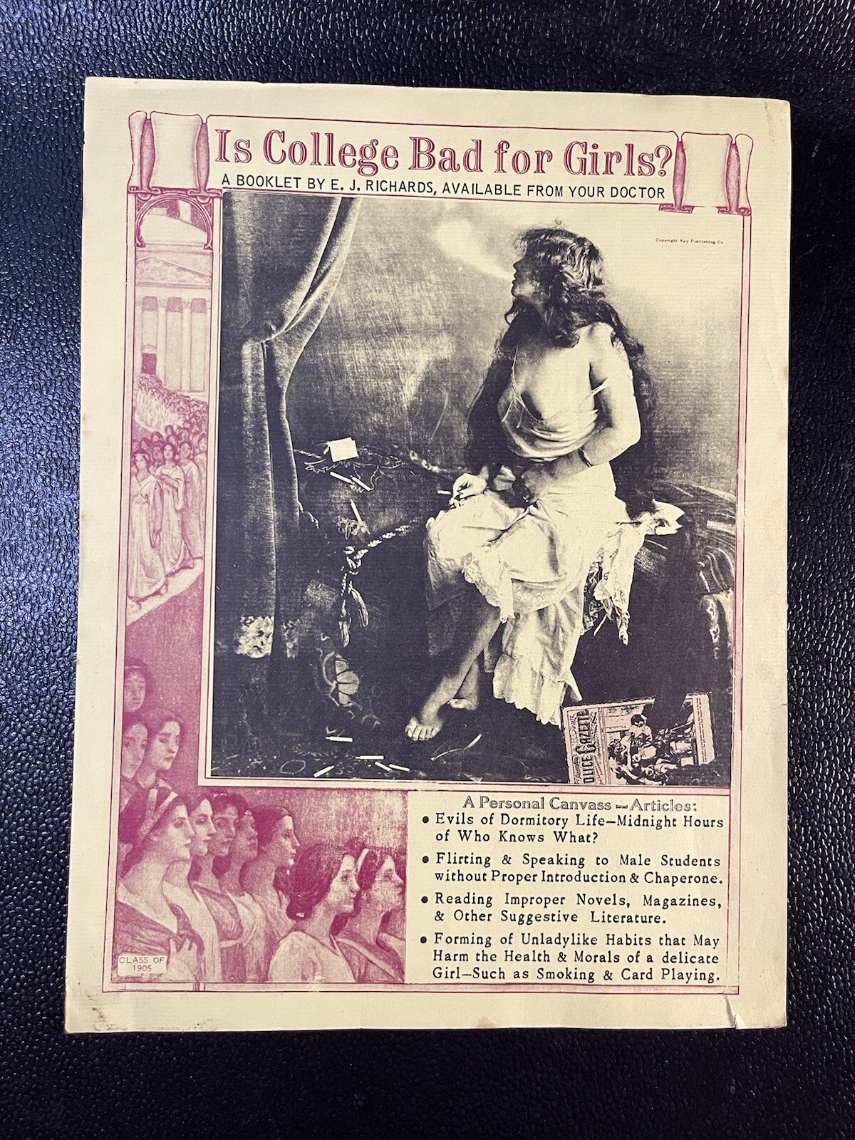 IS COLLEGE BAD FOR GIRLS 1905 PROPAGANDA AD VINTAGE CONTROVERSIAL WOMENS RIGHTS