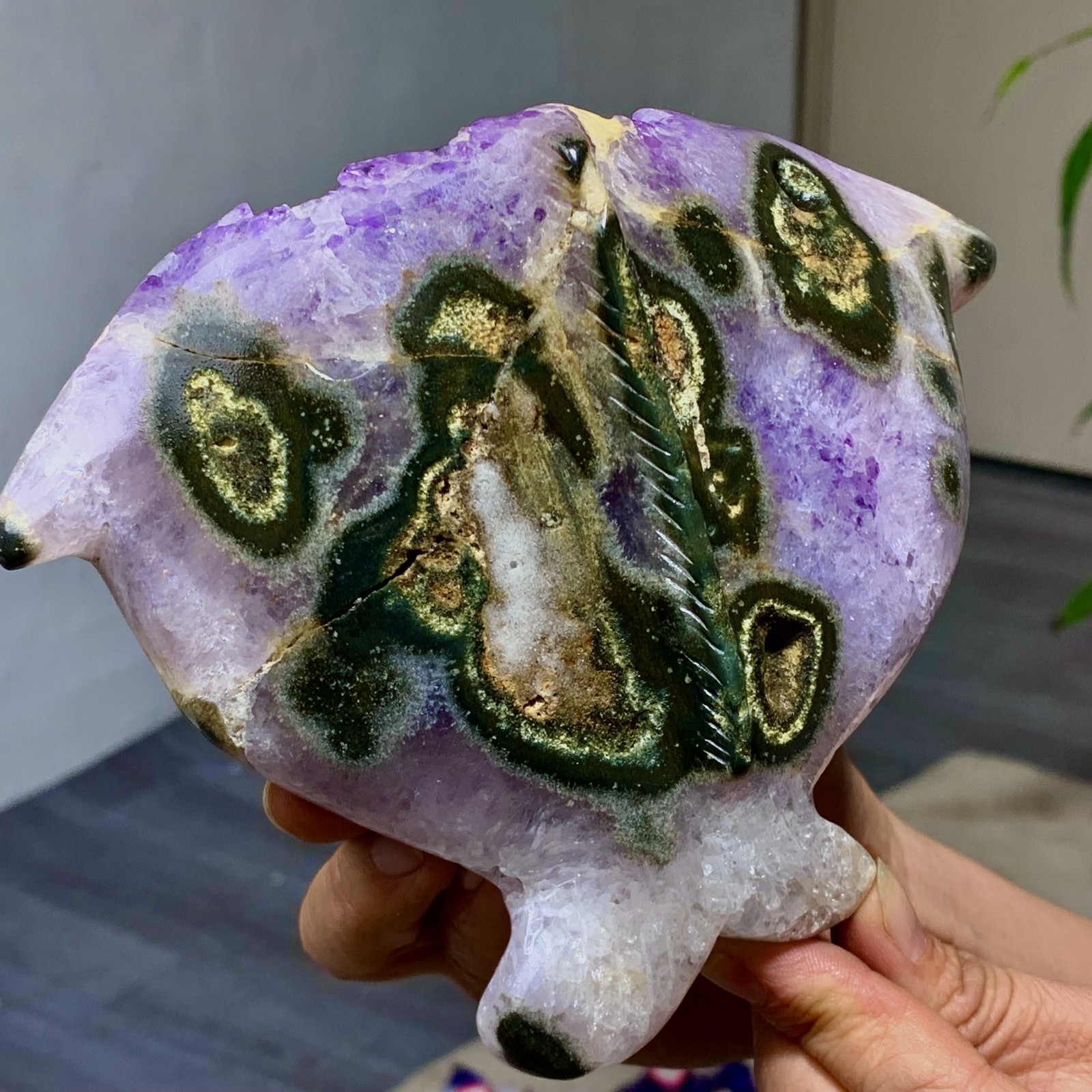 2.2LB Natural Amethyst agate geode quartz crystal Hand carved fish