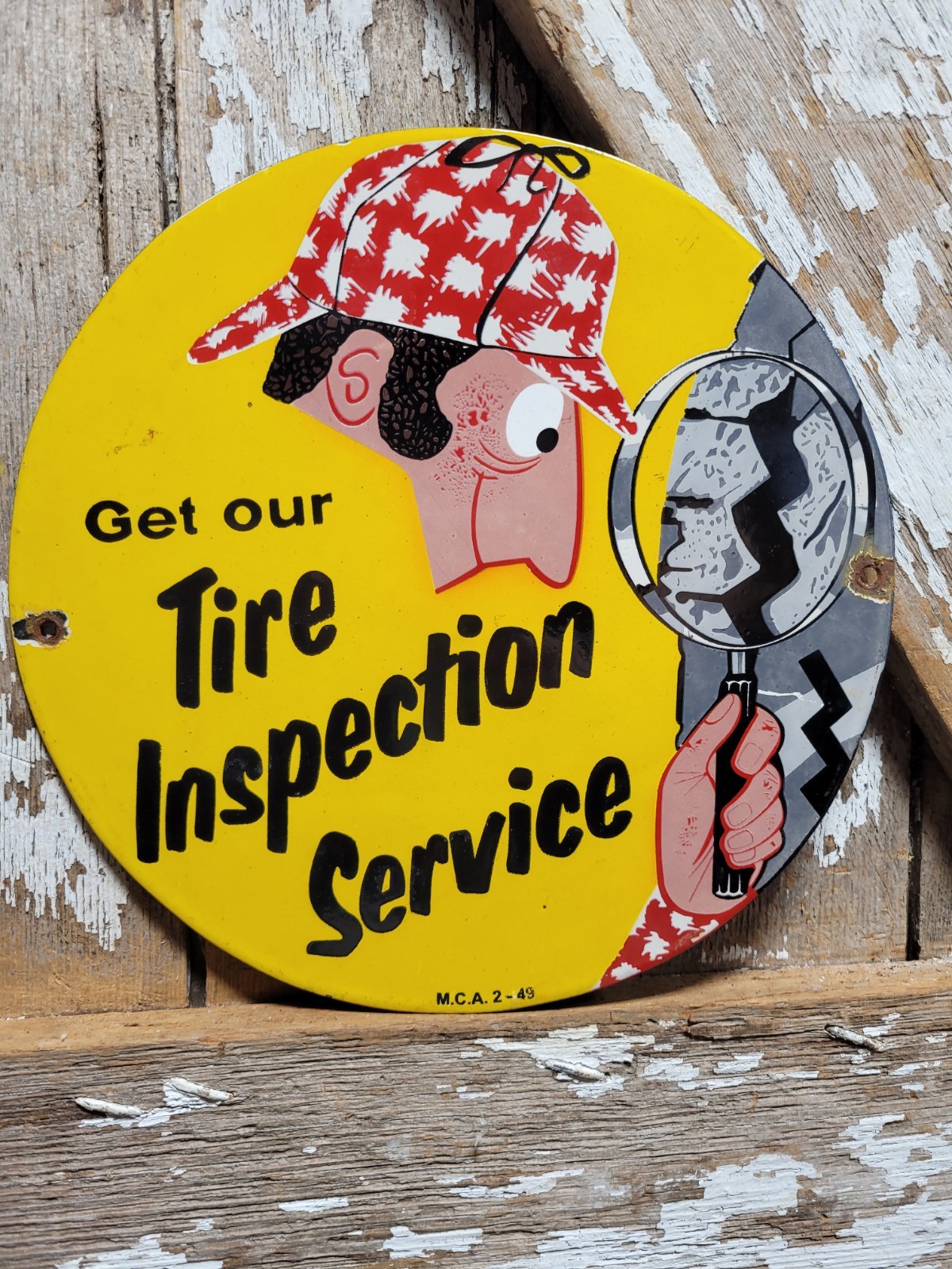 VINTAGE US ROYAL TIRE PORCELAIN SIGN OLD GARAGE AUTO CAR TRUCK SERVICE 1949 MCA