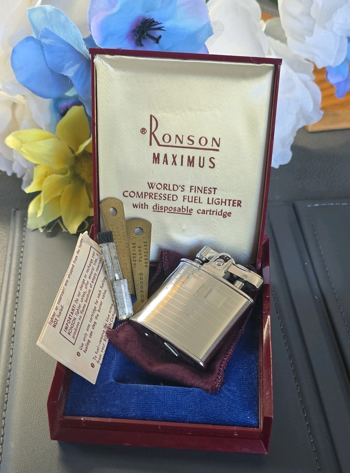 Vtg. 1950\'s Ronson Maximus Compressed Fuel Lighter w/Original Box, Tools & Paper