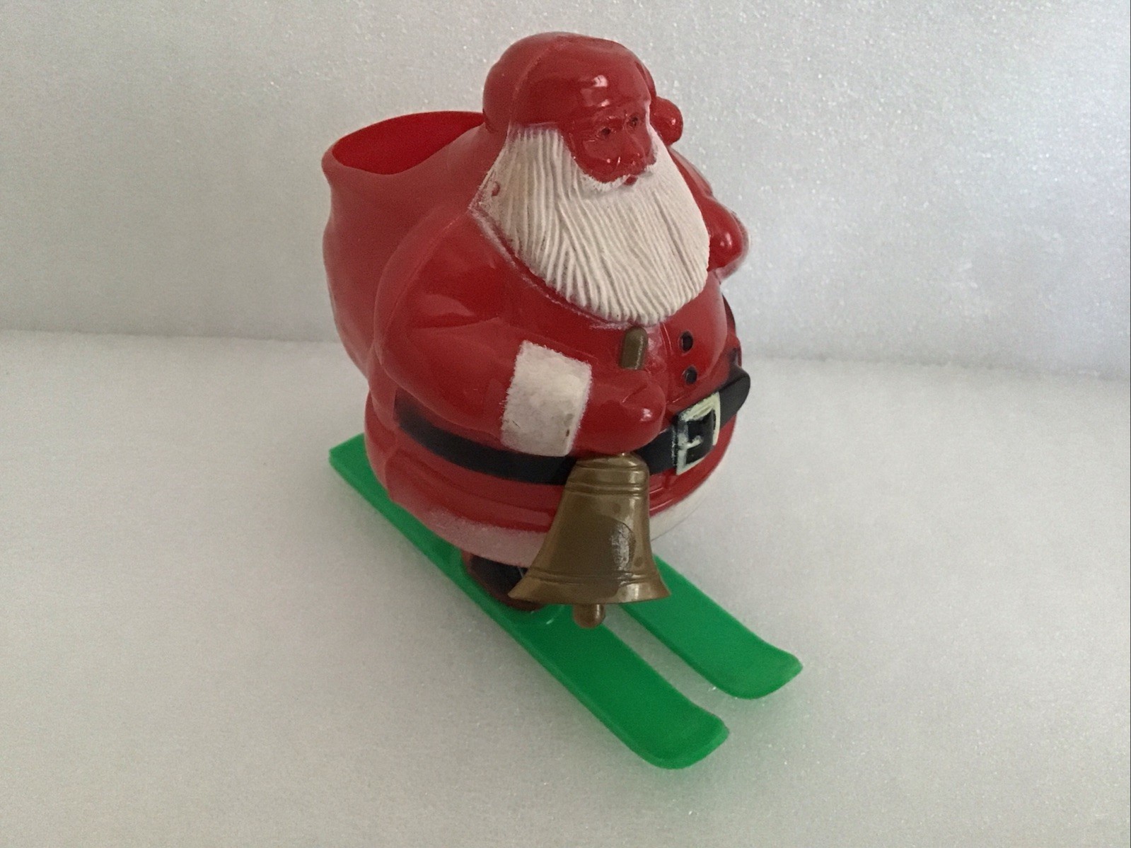 Vtg 1950-60's RARE- Plastic Santa on Skis- HOLDING GOLD BELL-Candy Container