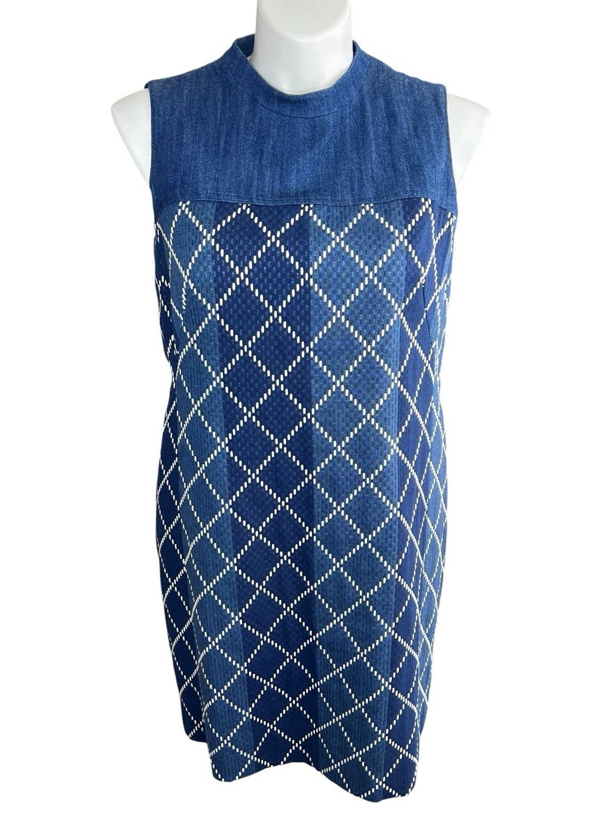 Akris Punto Size 14-L Women\'s Blue Diamond Pattern Sheath Dress Jacquard