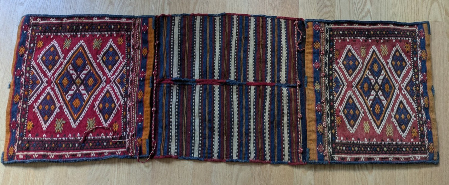 Antique Turkish Kurdish Khorjin Saddlebag Hand Woven Wool Pile Kilim 48x17