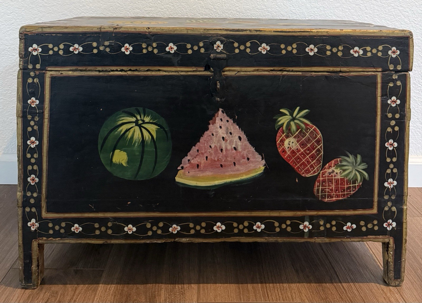 VTG Hand Painted Storage Chest Floral & Fruits Wooden  Box