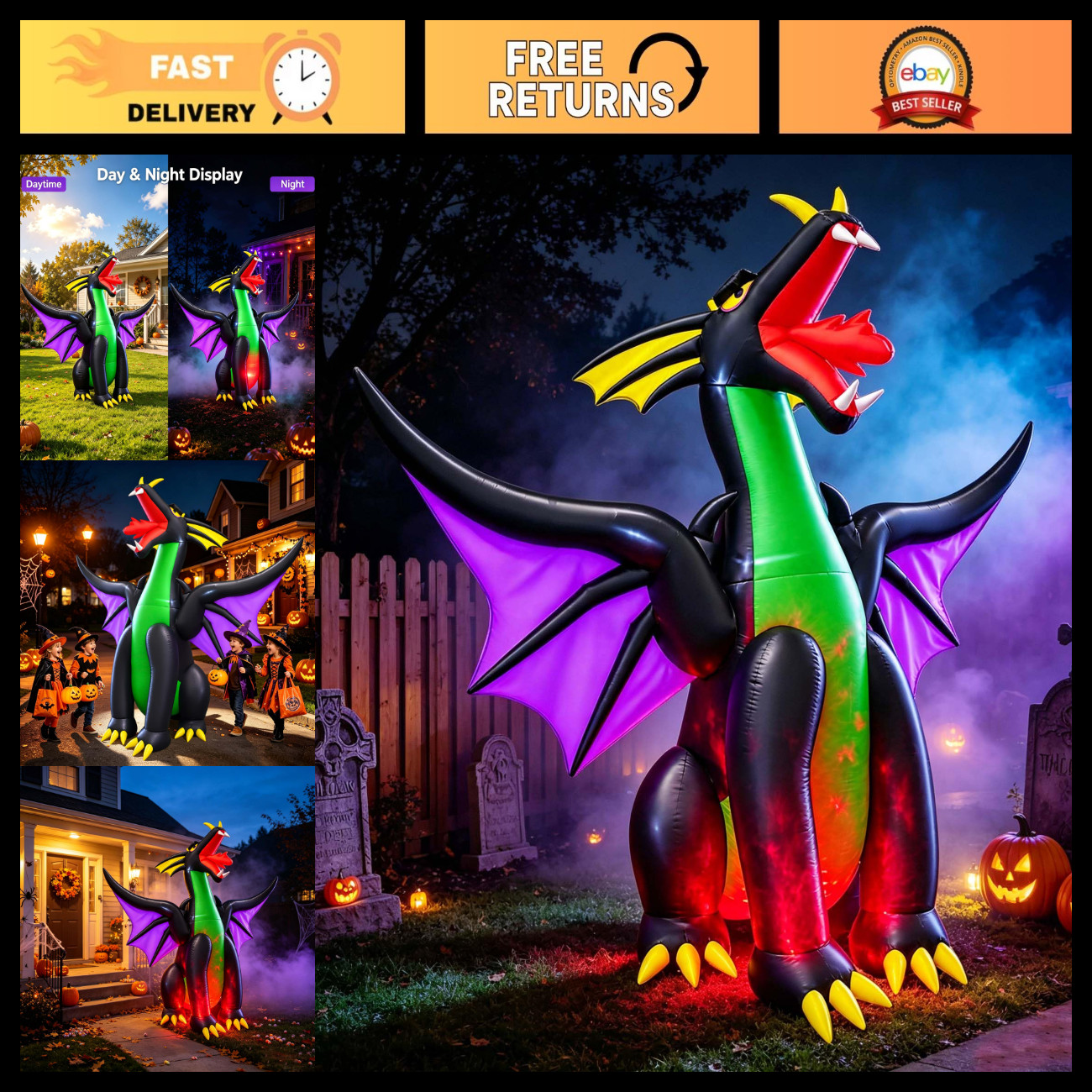 9Ft Inflatable Halloween Fire & Ice Dragon Decoration - Giant Outdoor Yard Decor