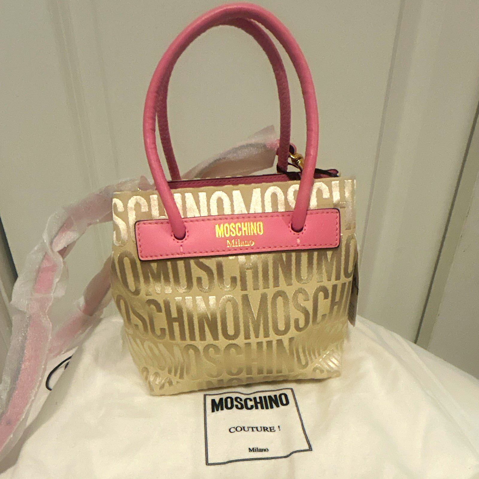 Moschino Milano Beige/Pink Logo Top Handle Mini Tote Zip w/ Strap Dust Bag