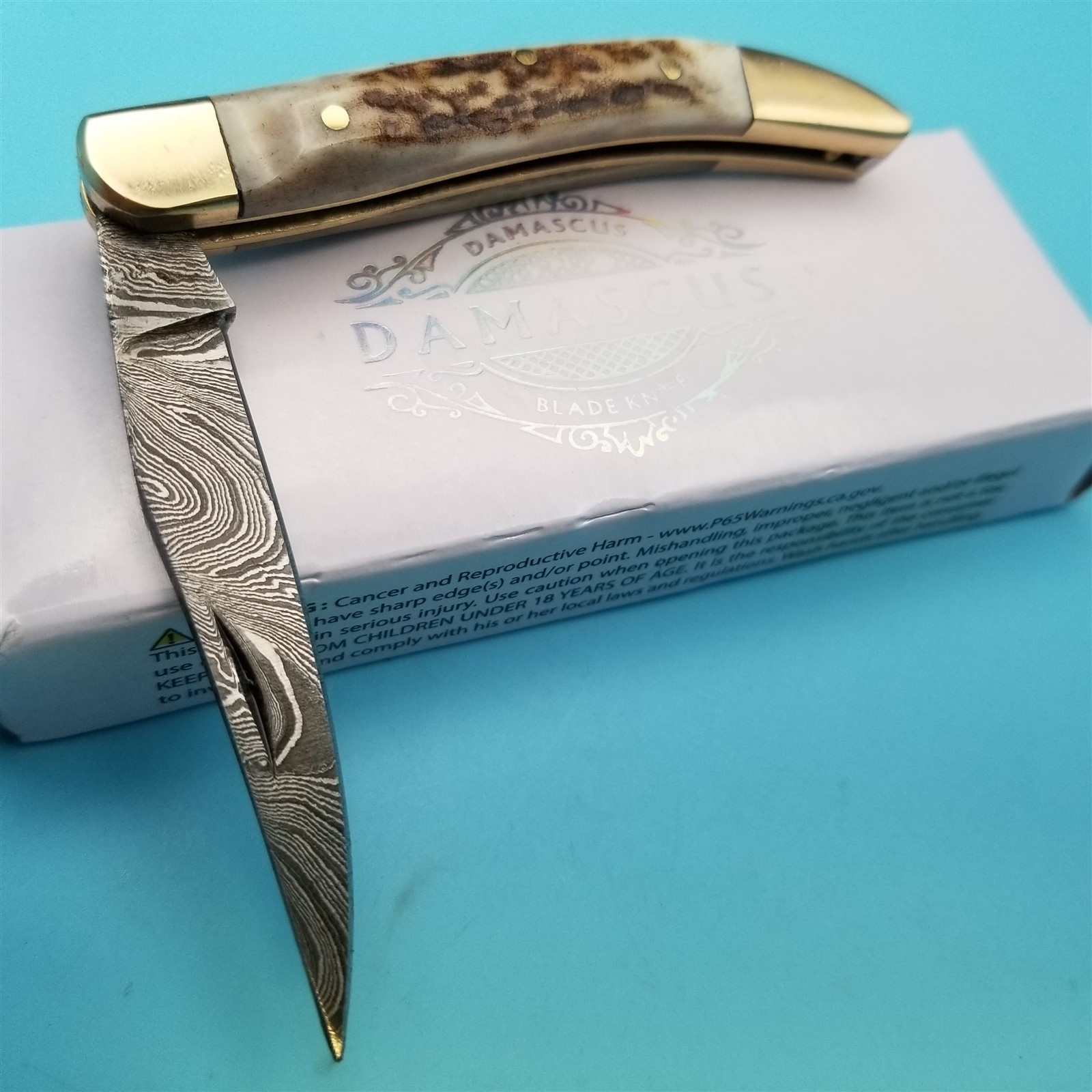 Damascus Steel Pocket Knife Genuine Stag Handle Toothpick Folding Blade 5.5x2.75