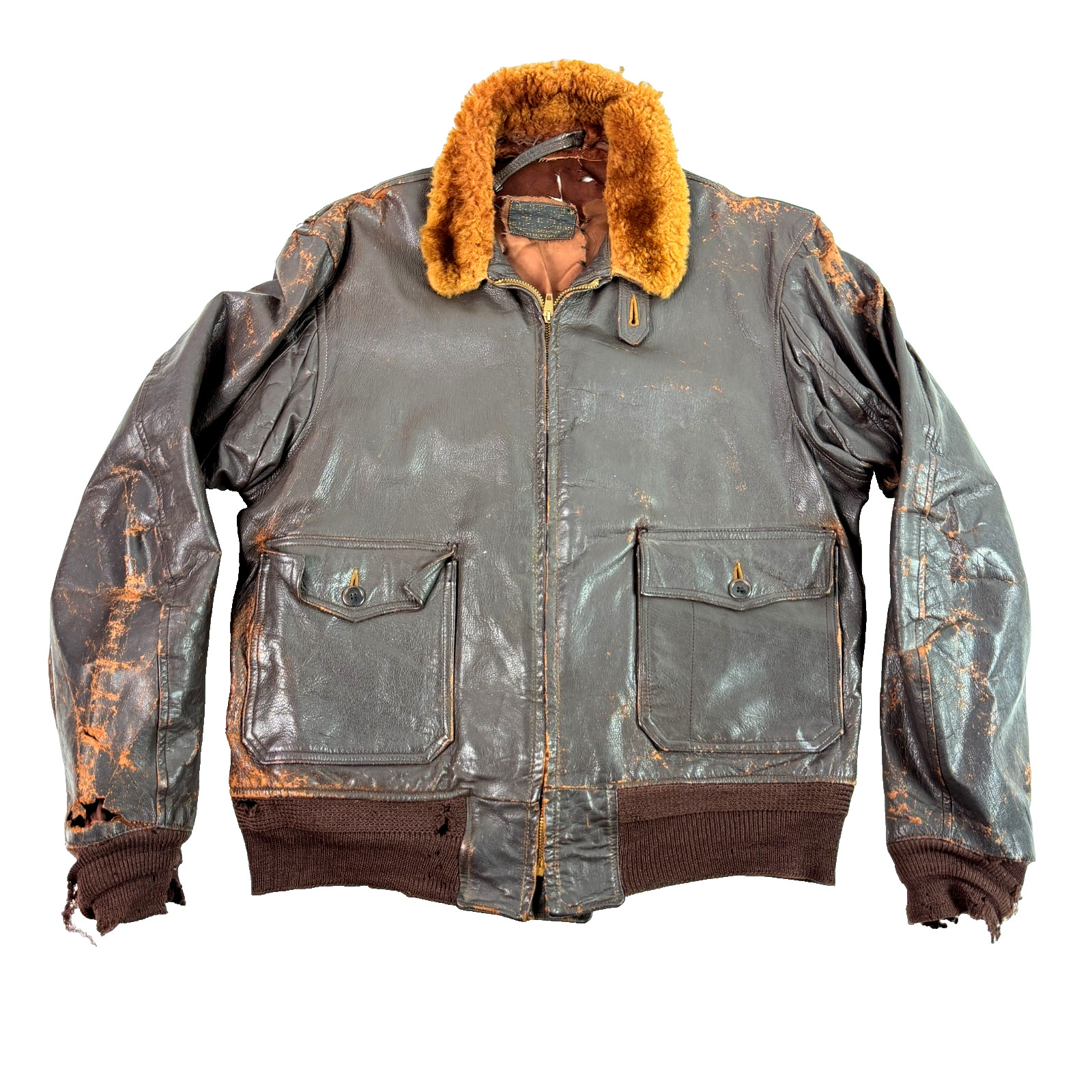 Vintage US Navy G-1 Leather Flight Jacket USN Mouton Collar Heavy Distressed XL