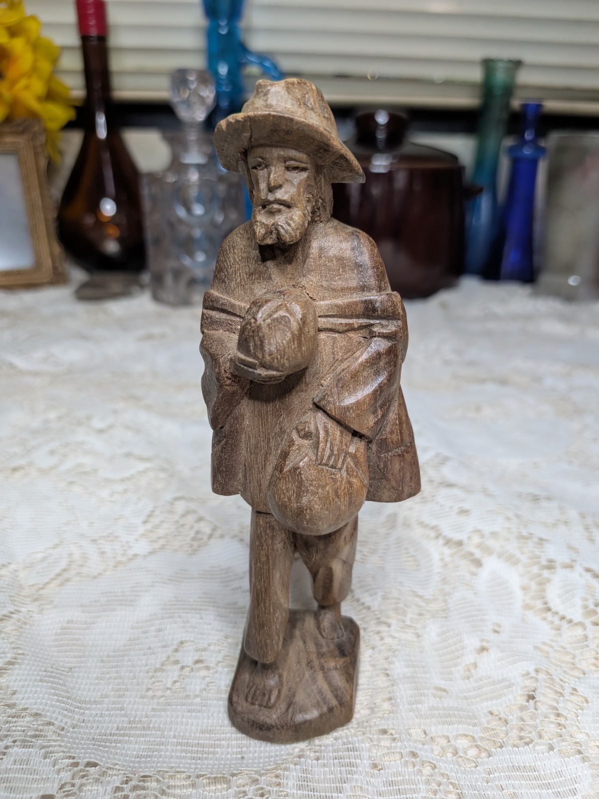 Vintage Hand Carved Wooden Folk Art Figurine - Barefoot Traveler Vagabond Hobo