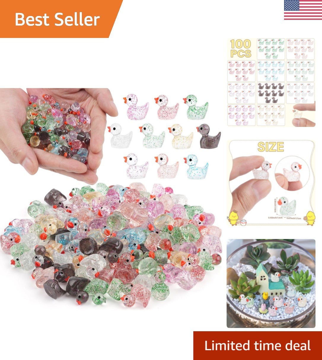 Cute Mini Glitter Ducks - 100 Resin Figurines for Kids and DIY Projects