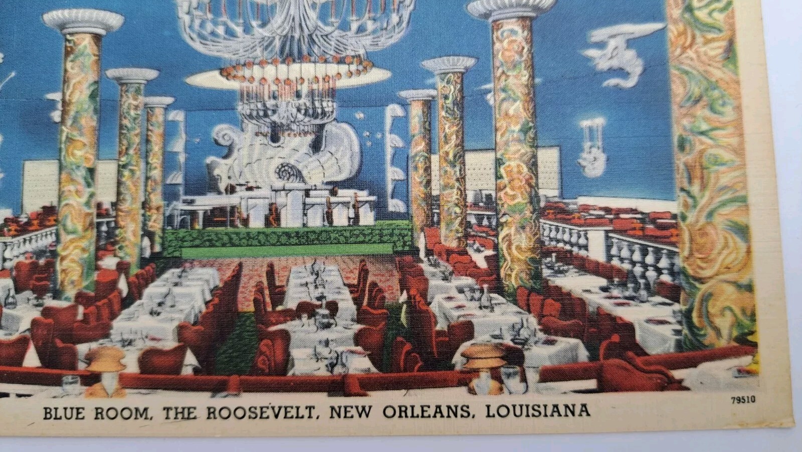 Linen Postcard Blue Romm The Roosevelt New Orleans Louisiana Unposted