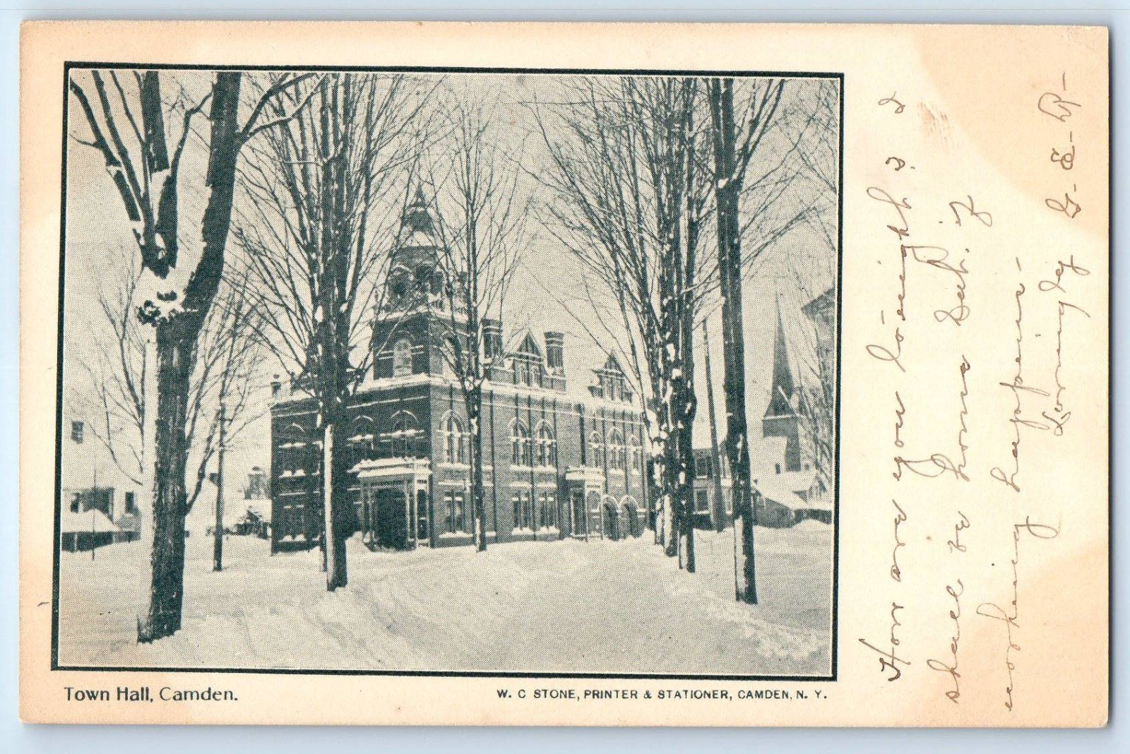 1905 Camden New York NY Vintage Postcard Town Hall Building Trees Snow Winter