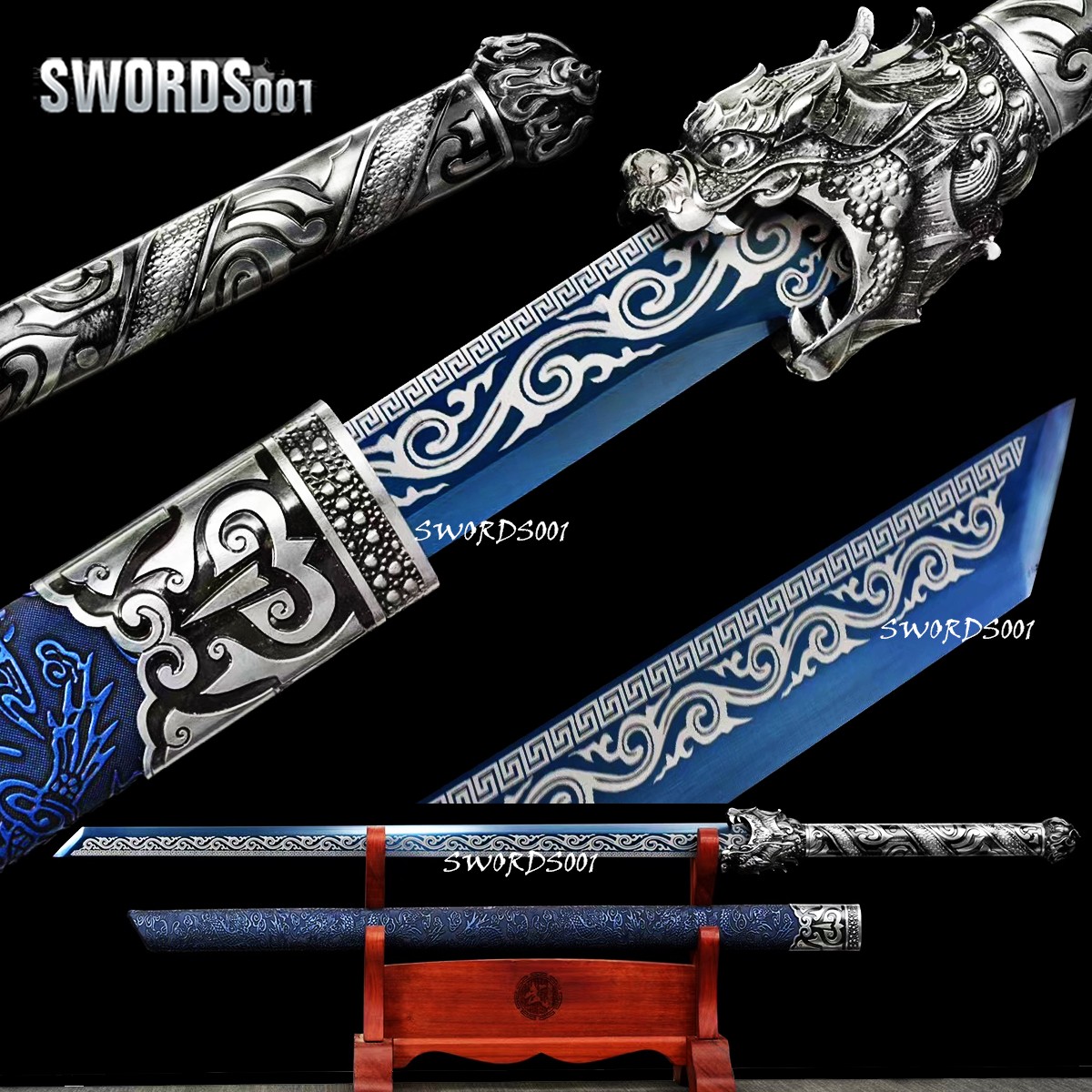 44 IN Carbon Steel Blue Blade Dragon Handguard Chinese Tang Dynasty Sword