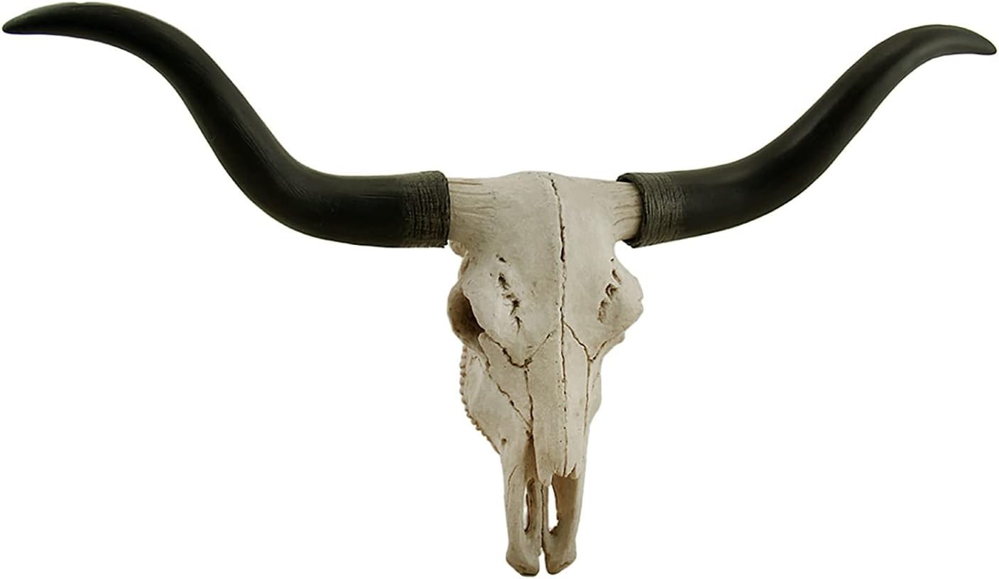Impressive 20 Inch Longhorn Skull Sculpture with Black Horns for Rustic Decor