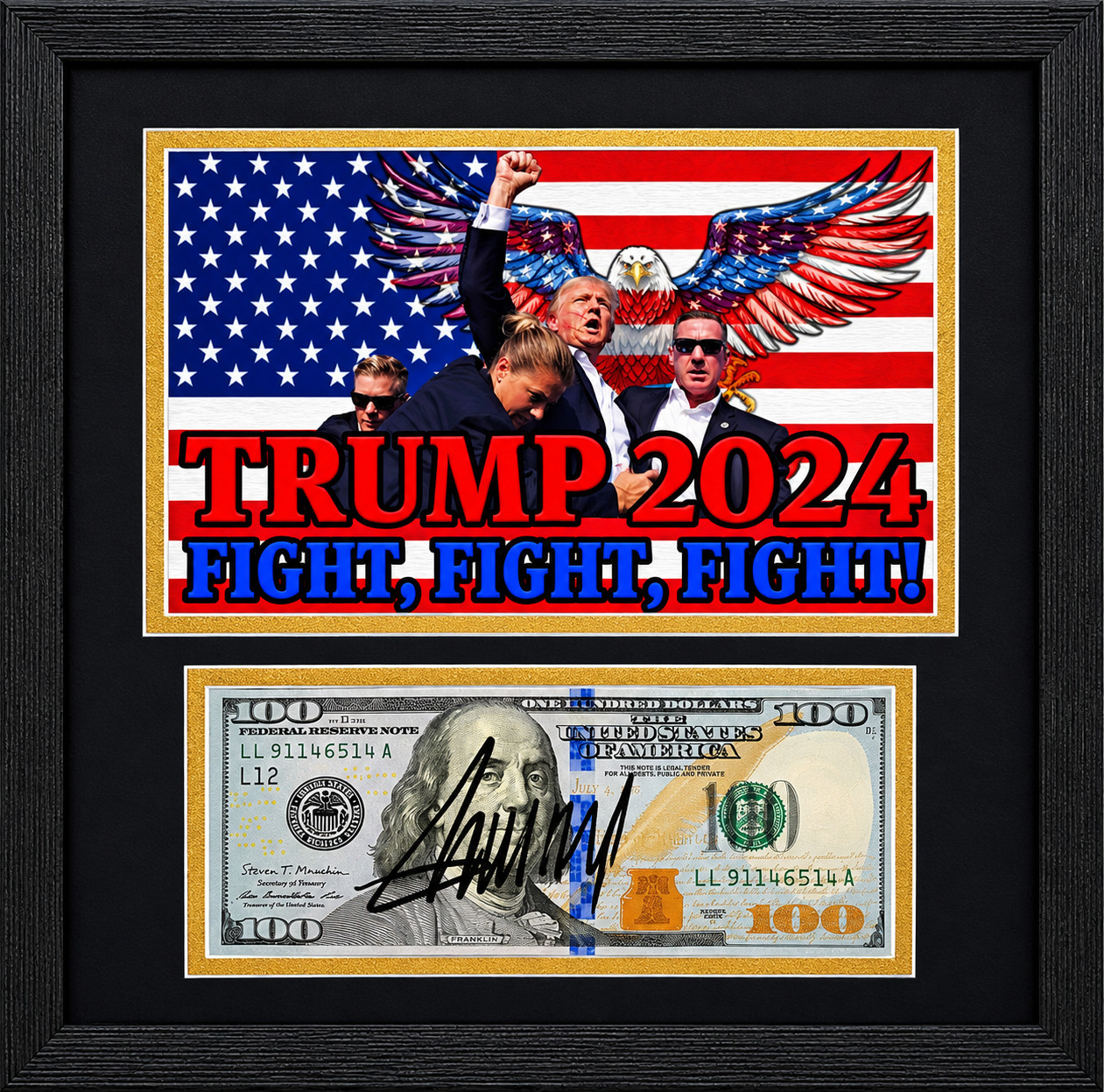 Donald Trump Framed 13x13 Matted Autographed Signed w COA $100 Bill & Fight Flag