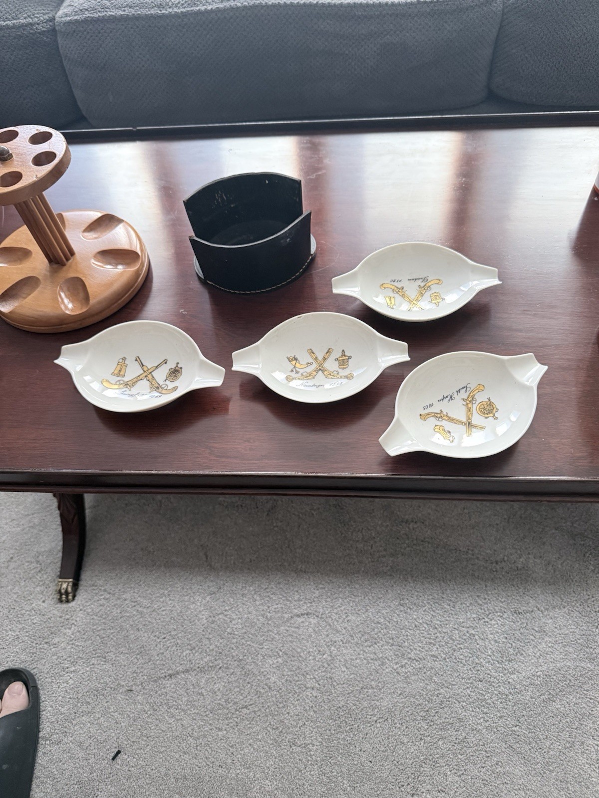 VTG MCM Stacking Porcelain Ashtray Set Leather Holder Antique Guns Pistols Rare