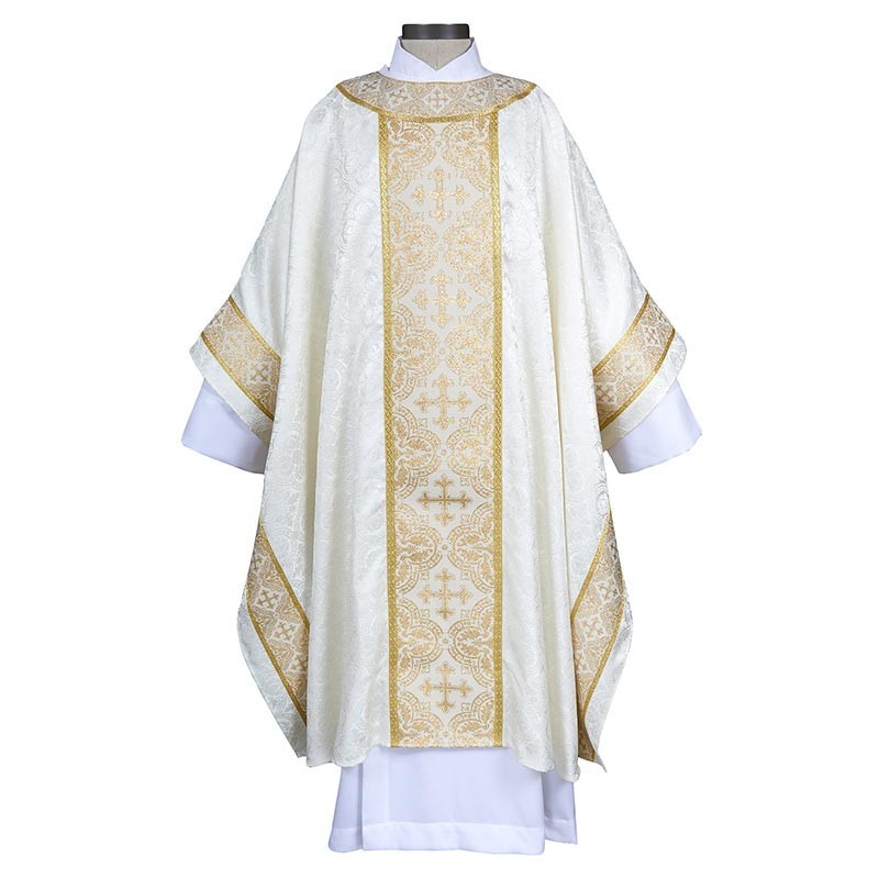 White  Beautiful Avignon Jacquard Excelsis Gothic Chasuble With Inner Stole
