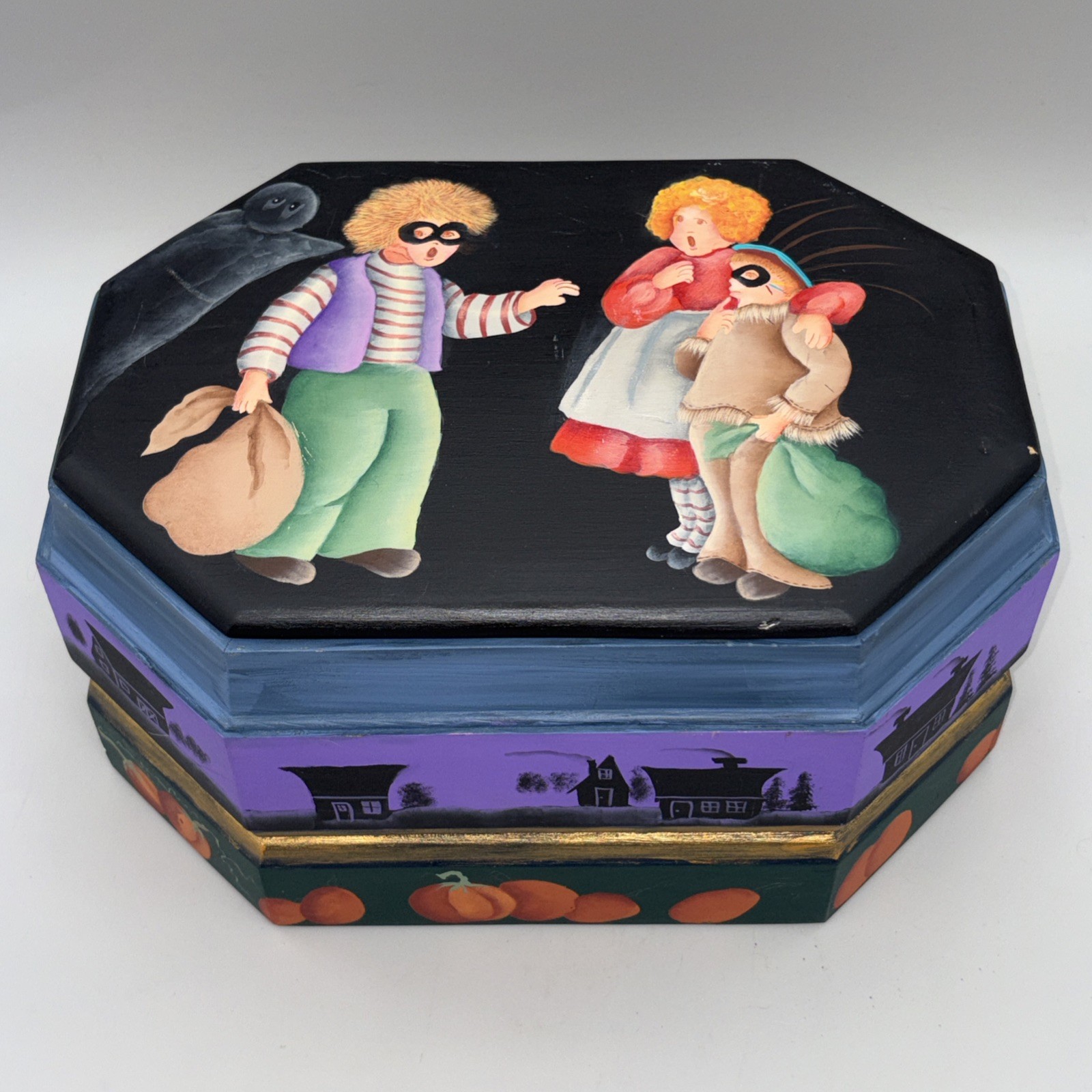 Vintage Hand Painted Halloween Wooden Box Folk Art Tole Pumpkin Witch Octagon